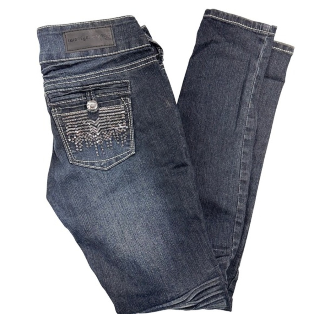 y2k Size 1/2R Dark Wash Rue 21 Sequin Bling Butt Skinny Jeans Faded Rhinestone